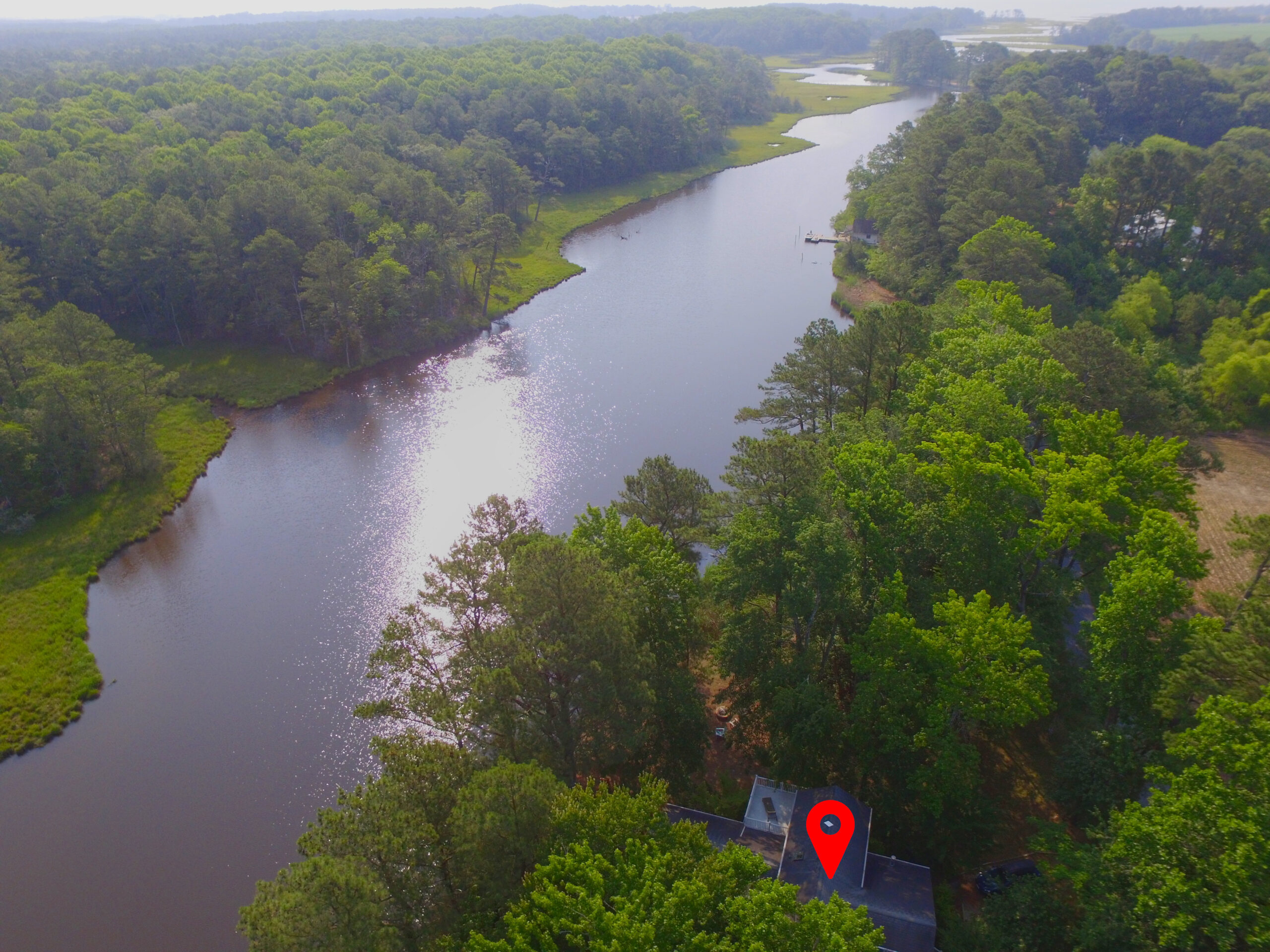 Drone shot of Casa Blue Heron as it over looks Marshall Creek which flows in to Newport and Chincoteague Bays.